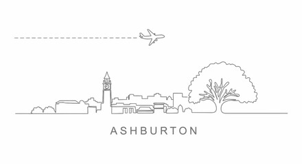 Fototapeta premium Ashburton with New Zealand Skyline Minimalist Design with Airplane.