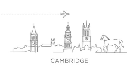 Fototapeta premium Cambridge UK Skyline Illustration with Airplane with Horse.