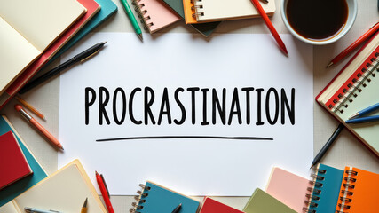 PROCRASTINATION written on paper among colorful notebooks and pens