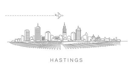 Naklejka premium Hastings Skyline with Nebraska Line Art Airplane.