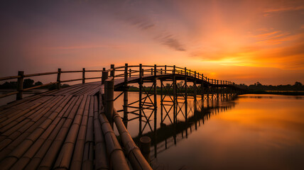 A serene arched bamboo bridge extending over calm, reflective water under a vibrant and colorful sunset sky.