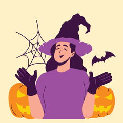 Illustration of an Halloween girl in witch hat with pumpkins