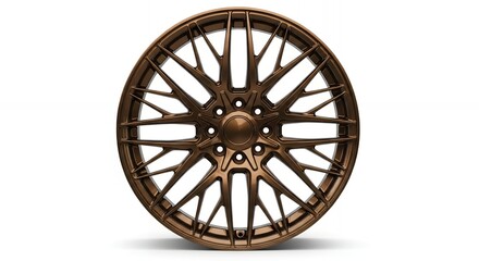 Fototapeta premium Stunning bronze alloy wheel rim with intricate spoke design, perfect for automotive customization and luxury car upgrades.