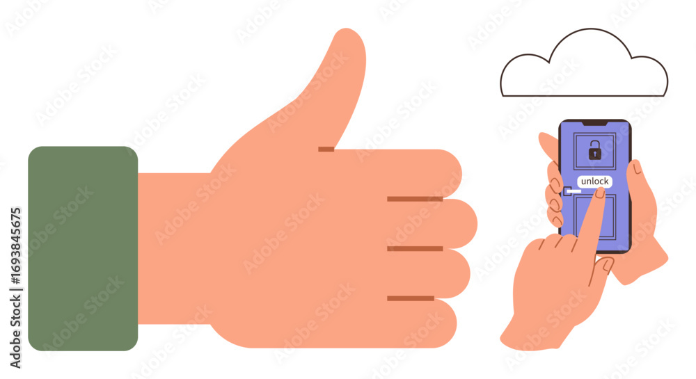 Poster hand showing thumbs up beside smartphone with finger accessing unlock button. cloud aligns with digi