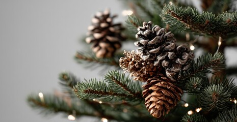 Close up of pine cones and Christmas lights on a tree branch