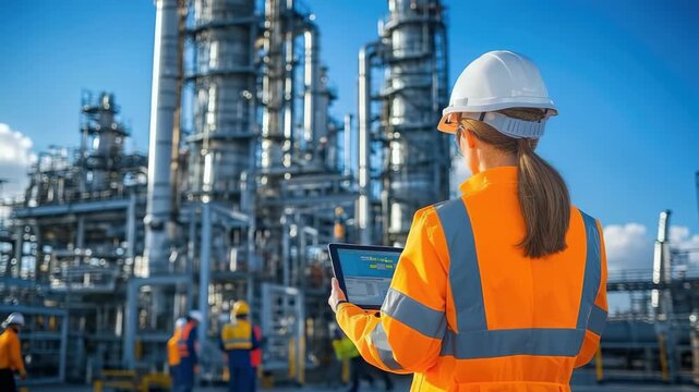 During the day, a female engineer, wearing a hardhat and safety vest, uses a tablet to inspect industrial operations at a chemical plant. Others work nearby. This is a professional environment video