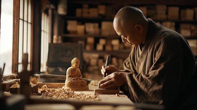 A monk in brown robes carves a wooden Buddha statue at a workbench in a workshop.