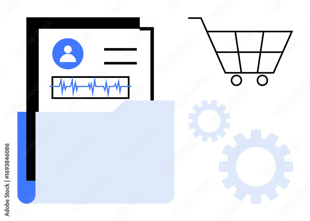 Poster file folder with document containing user profile and data chart, shopping cart, and gears symbolizi
