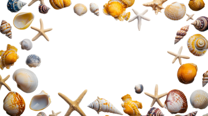 Vibrant Assortment of Seashells Gathered on Tropical Beach Backdrop Diverse Collection isolated on a transparent background.