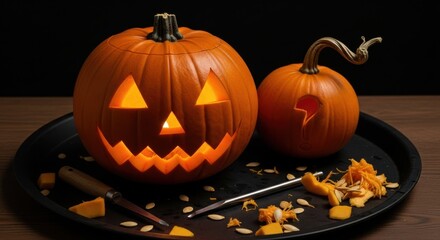 Two carved halloween pumpkins with glowing faces and carving tools on a dark platter