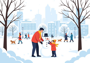 Joyful family building a snowman together in a snowy park during winter vacation season