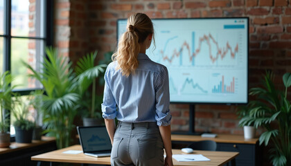 Woman analyzing financial charts on large screen in modern office. Data visualization shows growth trends, statistics. Laptop, plants create productive workspace for business analysis, strategy