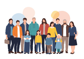 Obraz premium A diverse group of adults and children standing together in a stylized illustration representing unity and community