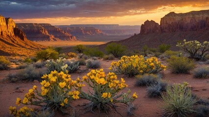 Vibrant desert landscape at sunset with blooming yellow flowers in the foreground and distant cliffs
