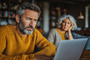 Obraz premium Concerned middle-aged son researching dementia care for elderly mother at home