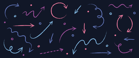 Collection of hand drawn arrows in pencil style. Cartoon shapes. Vector illustration