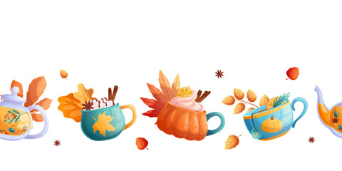 Seamless border with autumn drinks and leaves on a white background. The concept of autumn, tea drinking. Vector illustration for the design of postcards, advertisements, banners, posters, websites.