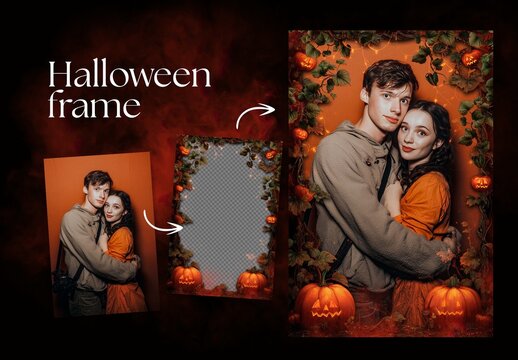 Halloween Photo Frame Flyer Template with Pumpkin Patch Jack-O-Lantern Border