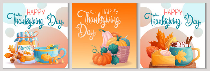 Naklejka premium A set of square autumn postcards. A basket of pumpkins, pumpkin jam and pie, a cup of autumn drink. Happy Thanksgiving day. Vector illustration for seasonal design of postcards, banners, posters