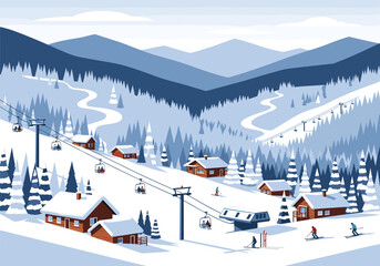 Scenic mountain village scene with ski slopes and snowy trees and buildings during winter vacation