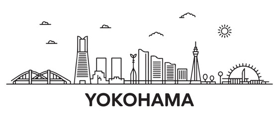 Naklejka premium Yokohama Line Art skyline horizontal banner. Buenos Yokohama, Japan. Vector template for your design. with white background