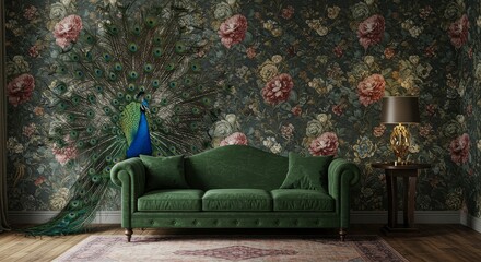 Elegant peacock and vintage green sofa in luxurious floral interior setting
