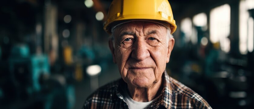 The senior factory worker wearing a yellow hard hat in an industrial workshop - Powered by Adobe