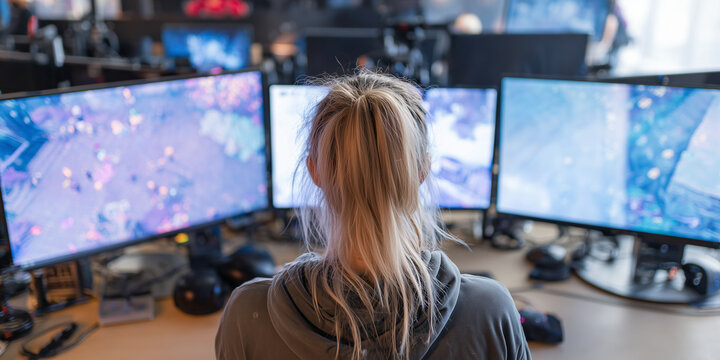 Female professional gamer streaming competitive esports match, using multi monitor setup and high end gaming peripherals during intense online tournament