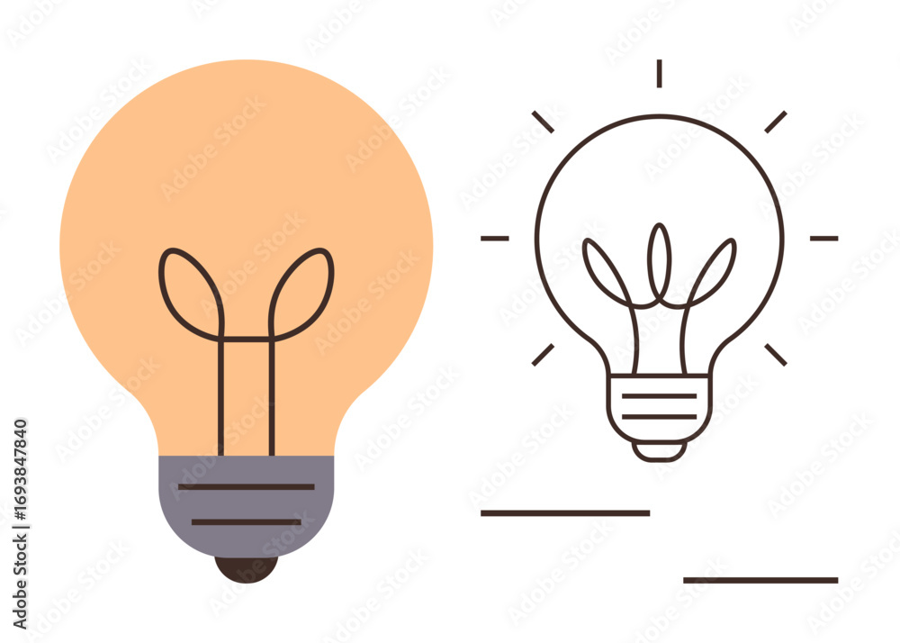 Poster lightbulb in minimalist flat style, with a split visual showing filled color and outline. ideal for 