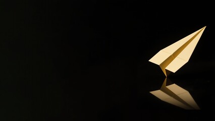Golden paper airplane on dark background symbolizing freedom, creativity, and innovation. Great for business, corporate, and creative presentations or modern design projects.