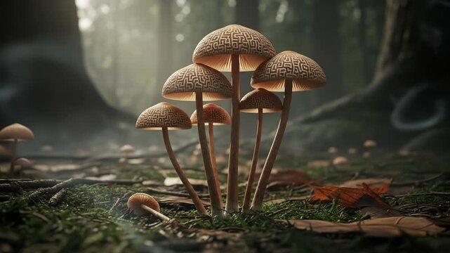 A cluster of mushrooms with patterned caps and long stems rises from a mossy forest floor, bathed in dappled sunlight, soft focus