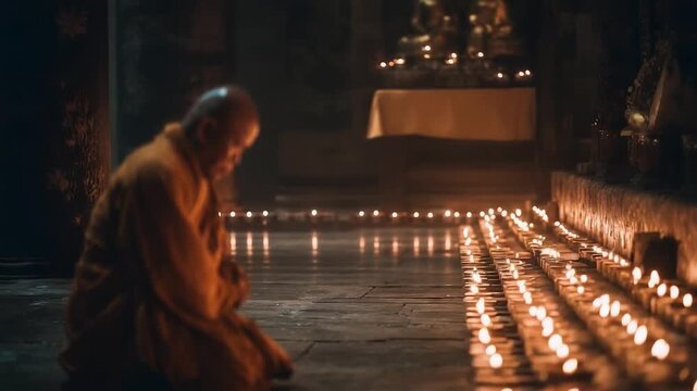 A Buddhist monk sits in prayer on a candlelit temple floor, with rows of lit candles along the aisle.