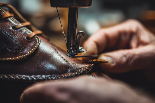 Skilled craftsman carefully stitching brown leather shoe with industrial sewing machine, highlighting precision of traditional shoemaking technique - Powered by Adobe