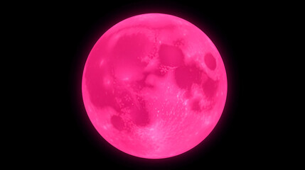 Pink full super moon glowing with pink halo surrounded by stars on black sky background