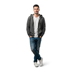 Fototapeta premium A stylish young man, casually dressed in a gray hoodie and blue jeans, stands confidently against a plain white background.