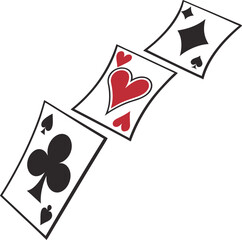 Three playing cards falling in sequence with different suits
