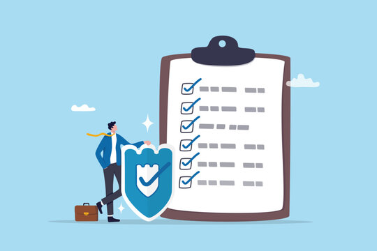 Insurance shield protection, support or guarding coverage policy, advantage checklist or contract document, threat or assurance guarantee, businessman agent with shield and checklist clipboard.