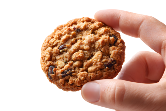 Hand holding a homemade oatmeal raisin cookie isolated on transparent background