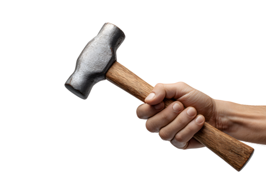 Hand holding a hammer isolated on transparent background