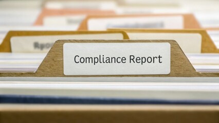 financial compliance legislation organization concept. Folders containing organized compliance reports in an office setting.