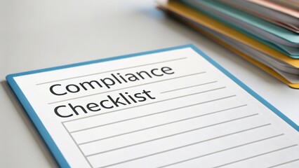 financial compliance legislation organization concept. Compliance checklist on a desk with colorful file folders in background.