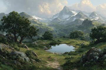 Obraz premium Picturesque mountain valley with a tranquil pond