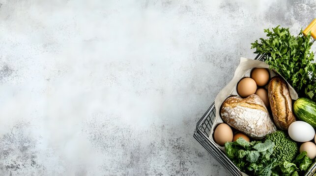 Basket of fresh farm groceries on textured grey background, perfect for food blog headers, organic market promos