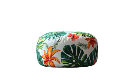  Vibrant tropical leaf and flower pattern printed on decorative pouf ottomans isolated on a transparent background 