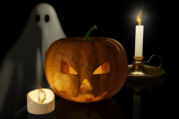Illustrazione 3D. Halloween. Zucca intagliata e fantasma simbolo ricorrenza festa di Halloween. Ricorrenza in autunno, ottobre.