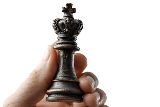 Hand holding a black king chess piece isolated on transparent background