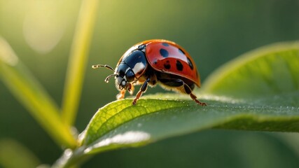 Fototapeta premium Close-up of a ladybug perched on a green leaf, surrounded by a soft, blurred natural background
