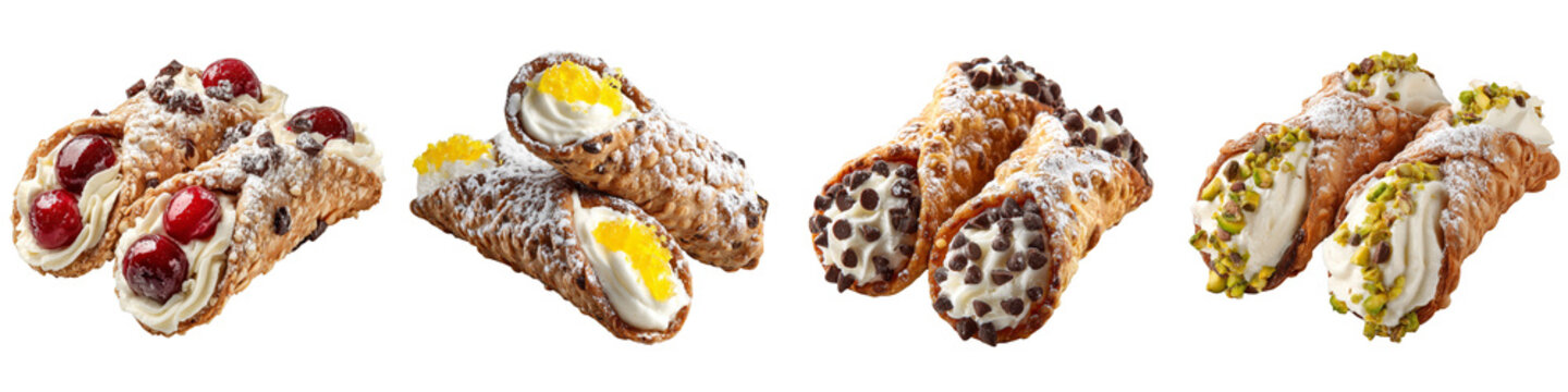 Assorted cannoli desserts with chocolate pistachio lemon and cherry filling on transparent background