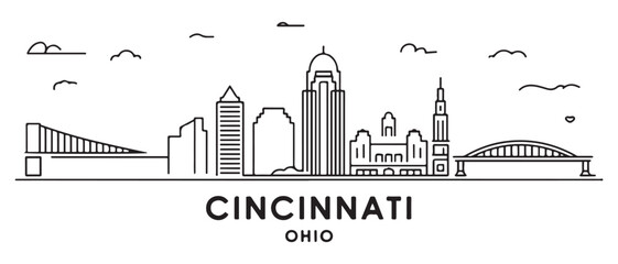 Obraz premium Cincinnati Line Art skyline horizontal banner. Cincinnati, Ohio . Vector template for your design. with white background