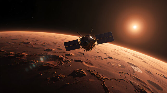 Mars orbiter satellite exploring the red planet during sunrise.